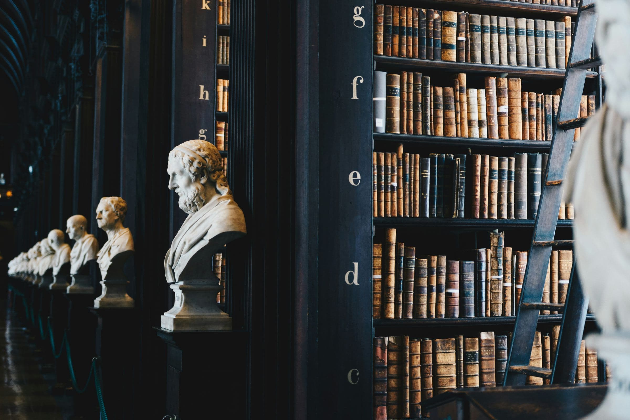 Busts along the shelves of a historic law library